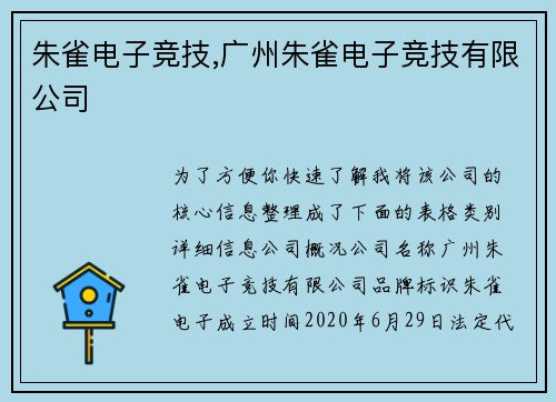 朱雀电子竞技,广州朱雀电子竞技有限公司